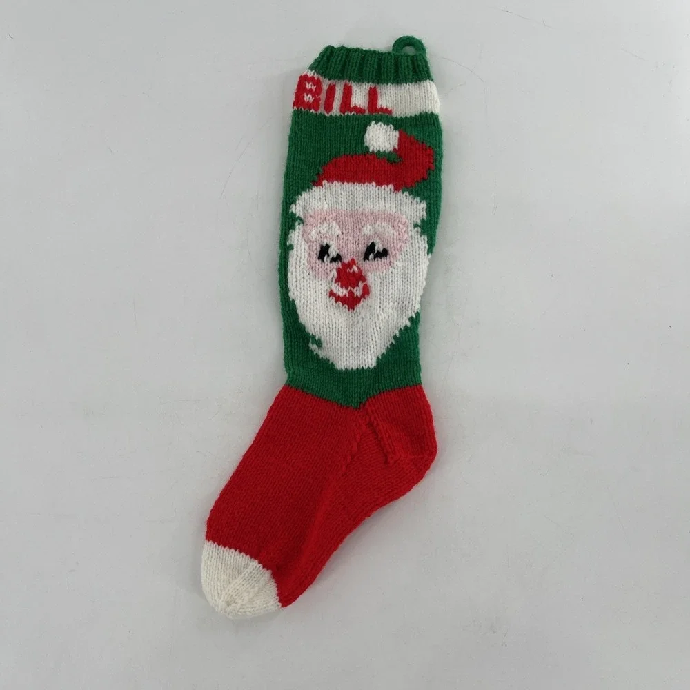 Vintage Hand‎ Knit Christmas Stocking Santa Claus St. Nick Green White 21